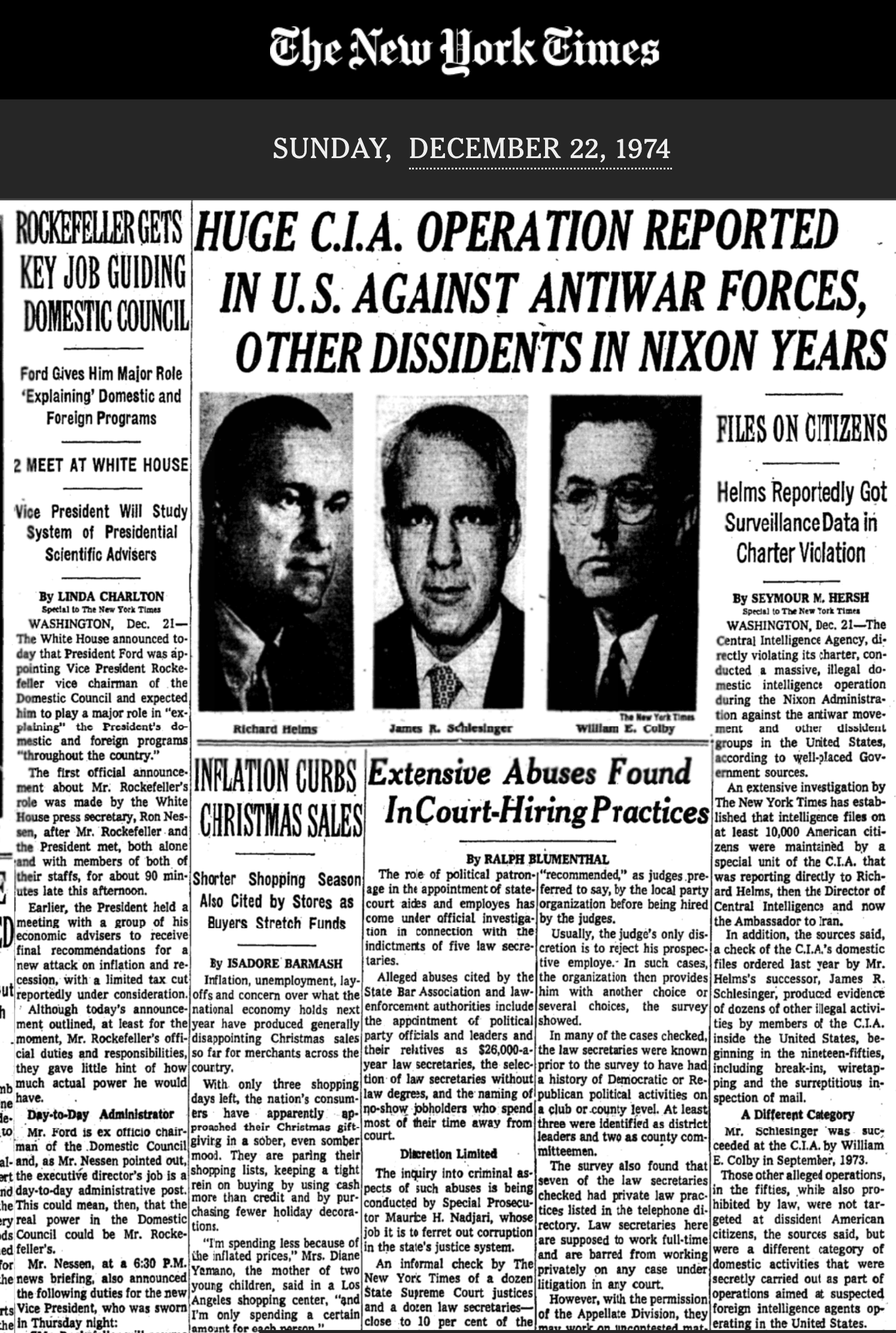 New York Times Dec. 22, 1974 article on CIA abuses