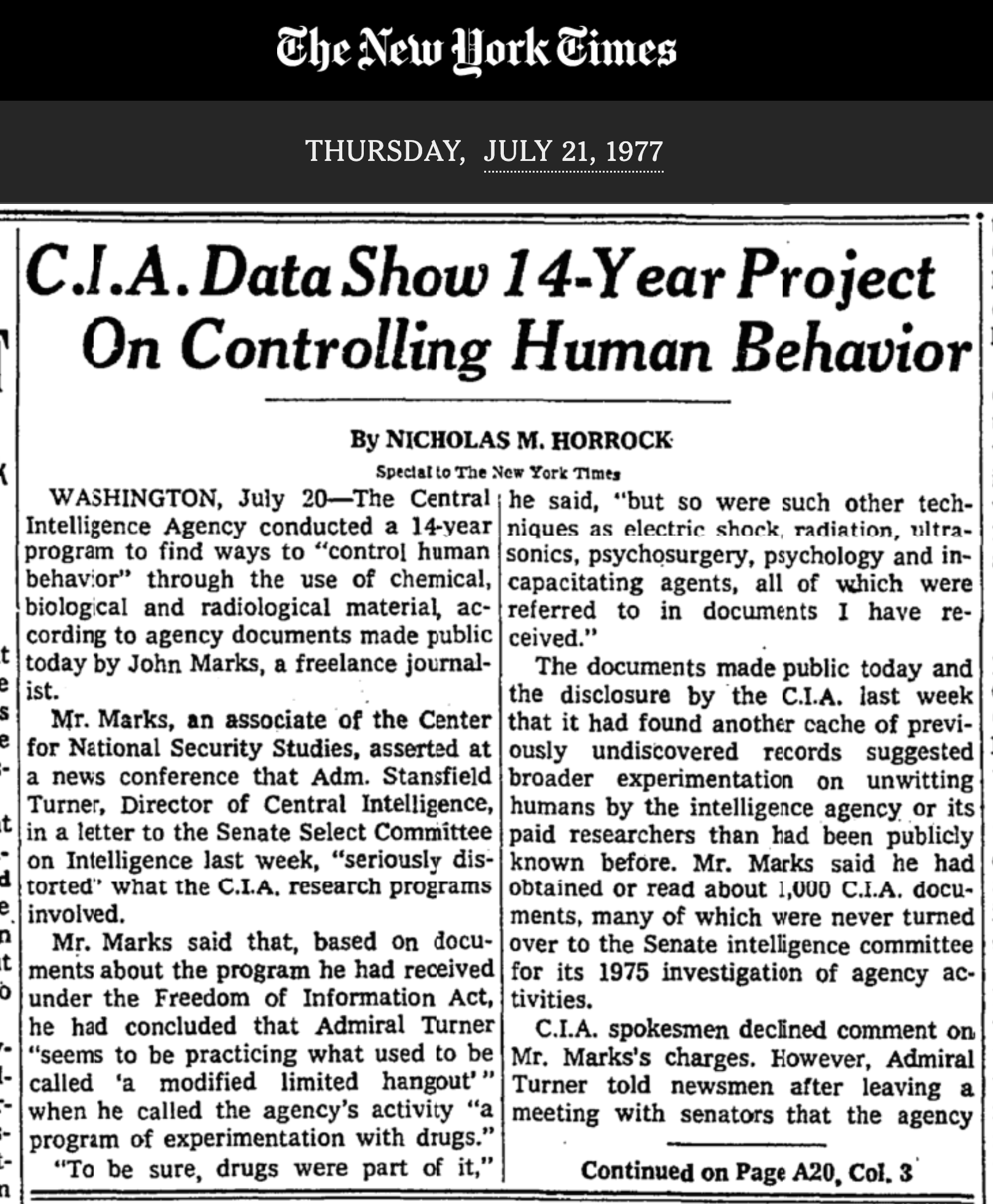 New York Times July 21, 1977 article on Project MKULTRA (Page 1)